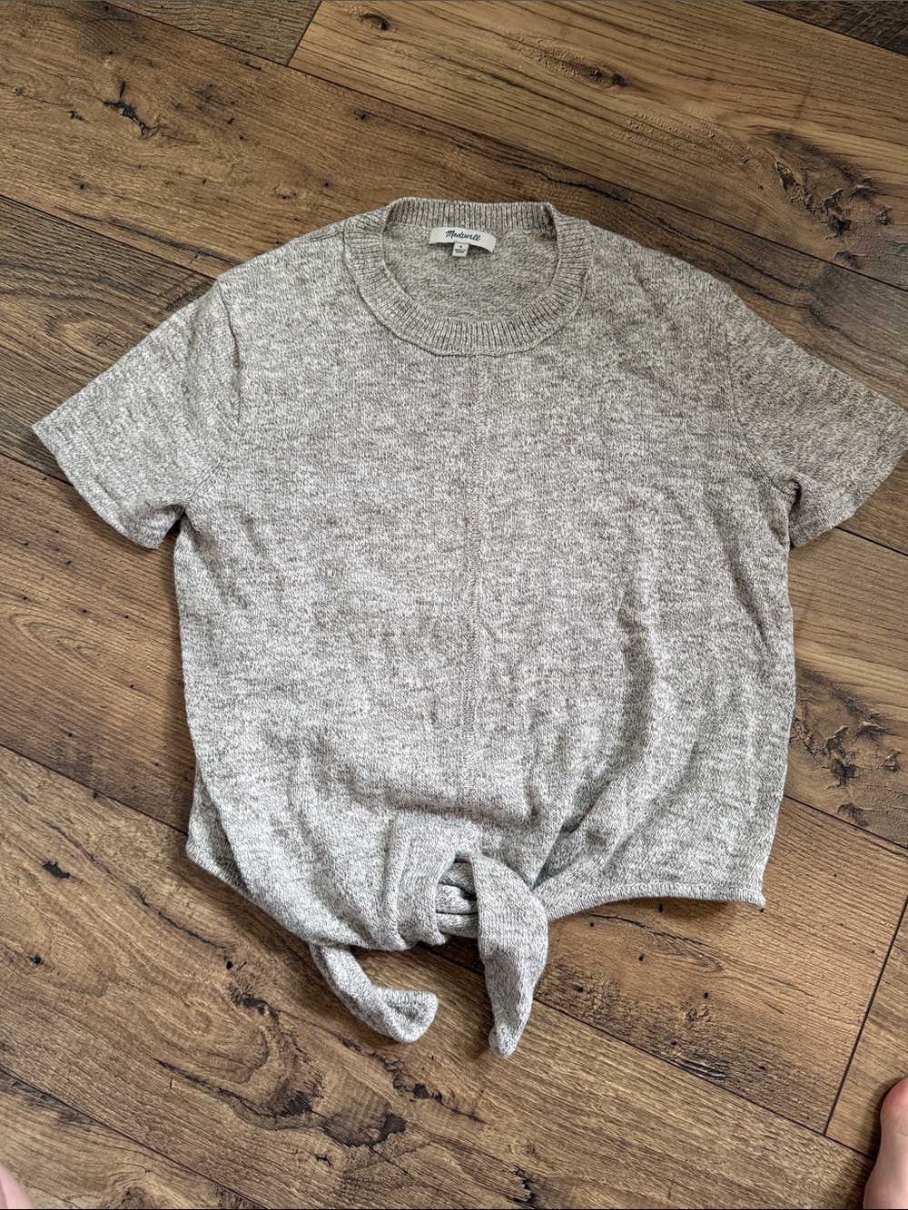Madewell Heather Oatmeal Tie-Front Short Sleeve Knit Top